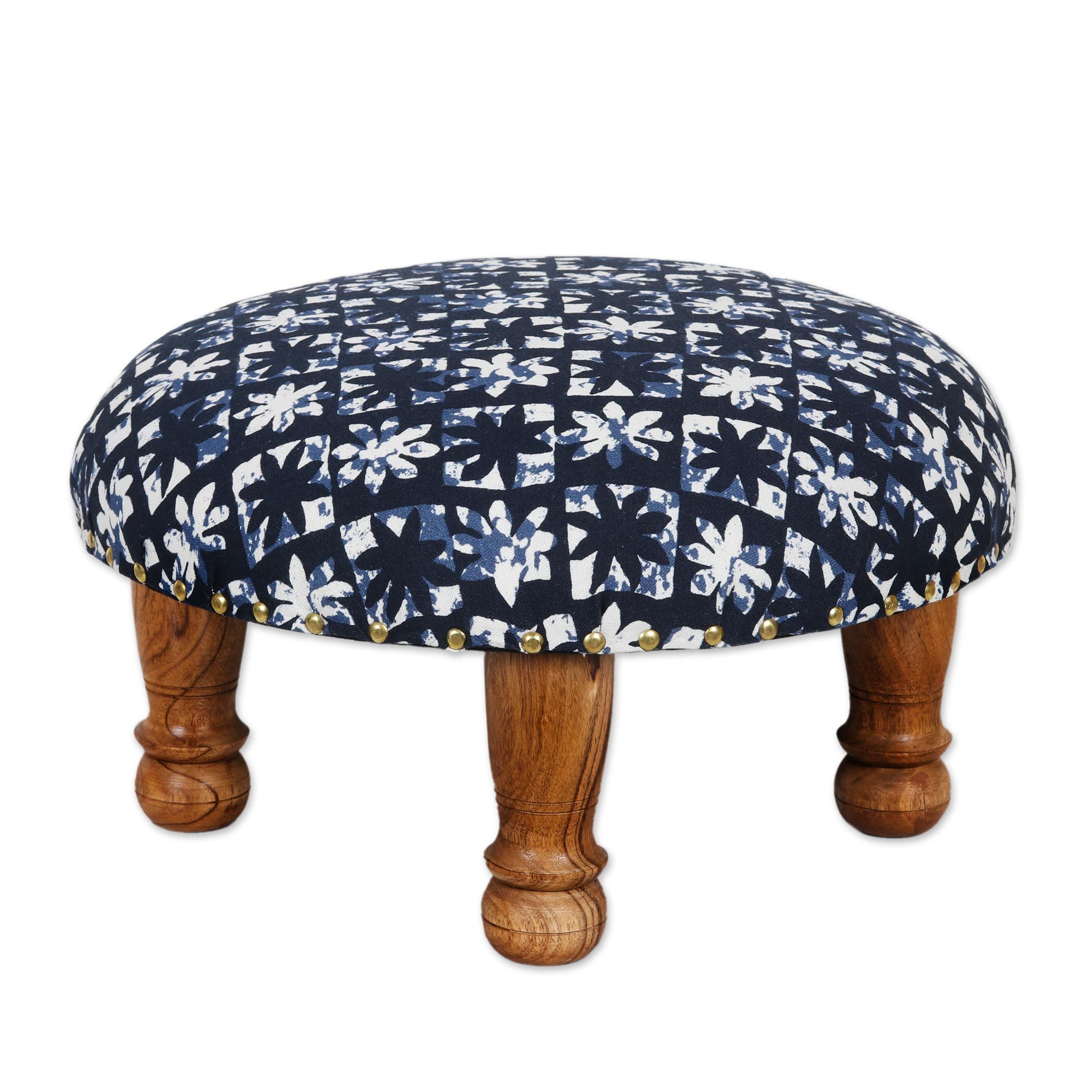 Blue and White Floral Motif Ottoman Foot Stool Blue Blossoms NOVICA