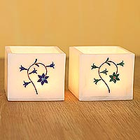 Portavelas de mármol con incrustaciones, (par) - Portavelas de mármol con motivos florales (pareja)