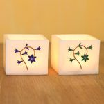Inlaid marble tealight holders, 'Floral Dance' (pair) - Floral Motif Marble Tealight Holders (Pair)