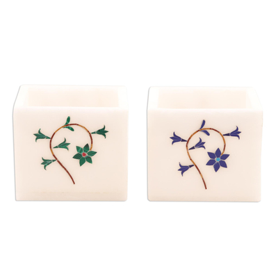 Inlaid marble tealight holders, 'Floral Dance' (pair) - Floral Motif Marble Tealight Holders (Pair)
