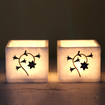 Inlaid marble tealight holders, 'Floral Dance' (pair) - Floral Motif Marble Tealight Holders (Pair)