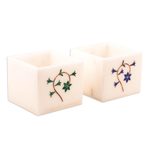 Inlaid marble tealight holders, 'Floral Dance' (pair) - Floral Motif Marble Tealight Holders (Pair)