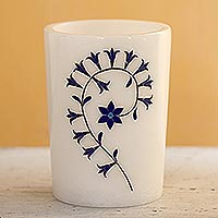 Inlaid marble pen holder, 'Divine Blooms in Blue' - Blue and White Marble Floral Motif Pen Holder