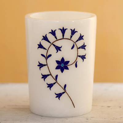 Portalápices de mármol con incrustaciones - Portalápices con motivo floral de mármol azul y blanco