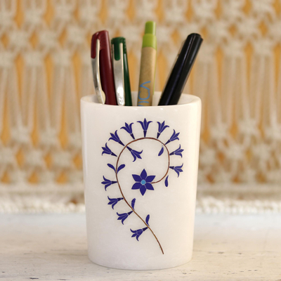 Portalápices de mármol con incrustaciones - Portalápices con motivo floral de mármol azul y blanco