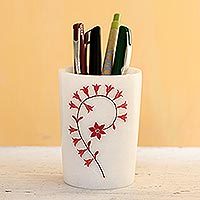 Inlaid marble pen holder, 'Divine Blooms in Red' - Red and White Marble Floral Motif Pen Holder
