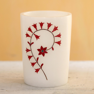 Inlaid marble pen holder, 'Divine Blooms in Red' - Red and White Marble Floral Motif Pen Holder
