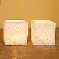 Marble tealight holders, 'Dancing Lights' (pair) - Hand Crafted White Marble Tealight Holders (Pair)