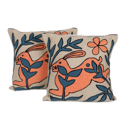 Chain stitched cotton cushion covers, 'Forest Deer' (pair) - Embroidered Deer Motif Cotton Cushion Covers (Pair)