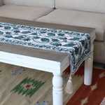 Chain-stitched cotton table runner, 'Kashmir Leaves in Aqua' - Chain Stitched Cotton Table Runner with Leaf Motif
