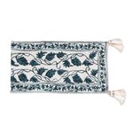 Chain-stitched cotton table runner, 'Kashmir Leaves in Aqua' - Chain Stitched Cotton Table Runner with Leaf Motif