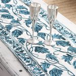 Chain-stitched cotton table runner, 'Kashmir Leaves in Aqua' - Chain Stitched Cotton Table Runner with Leaf Motif