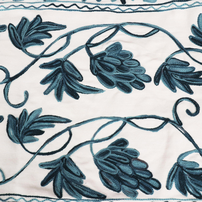 Chain-stitched cotton table runner, 'Kashmir Leaves in Aqua' - Chain Stitched Cotton Table Runner with Leaf Motif