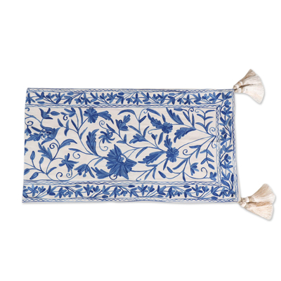 Chain-stitched cotton table runner, 'Kashmir Leaves in Blue' - Chain-Stitched Blue and White Cotton Table Runner
