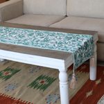 Chain-stitched cotton table runner, 'Kashmir Leaves in Green' - Hand Woven Leaf and Vine Patterned Cotton Table Runner