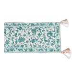 Chain-stitched cotton table runner, 'Kashmir Leaves in Green' - Hand Woven Leaf and Vine Patterned Cotton Table Runner