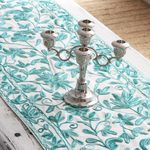 Chain-stitched cotton table runner, 'Kashmir Leaves in Green' - Hand Woven Leaf and Vine Patterned Cotton Table Runner