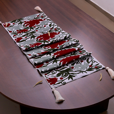 Chain-stitched cotton table runner, 'Beauty of Kashmir' - Hand Woven Cotton Table Runner with Floral Motif