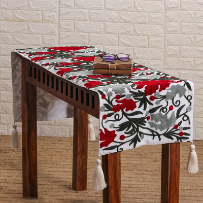 Camino de mesa de algodón cosido en cadeneta - Camino de mesa de algodón tejido a mano con motivo floral