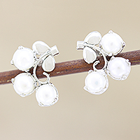 Rhodium-plated cultured pearl drop earrings, 'Sea Trio' - Rhodium-Plated Sterling Silver Cultured Pearl Drop Earrings