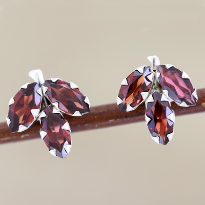 Garnet button earrings, 'Radiant Chinar' - Garnet and Sterling Silver Button Earrings