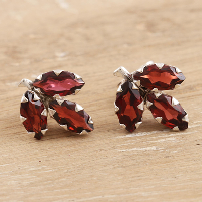 Garnet button earrings, 'Radiant Chinar' - Garnet and Sterling Silver Button Earrings