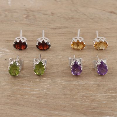 Gemstone stud earrings, 'Four Virtues' (set of 4) - Hand Crafted Gemstone Stud Earrings (Set of 4)