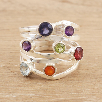 Multi-gemstone band ring, 'Rainbow Water' - Amethyst and Blue Topaz Multi-Gem Band Ring