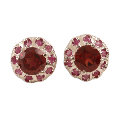 Rhodium-Plated Ruby and Garnet Stud Earrings