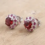 Rhodium-plated ruby and garnet stud earrings, 'True Harmony' - Rhodium-Plated Ruby and Garnet Stud Earrings