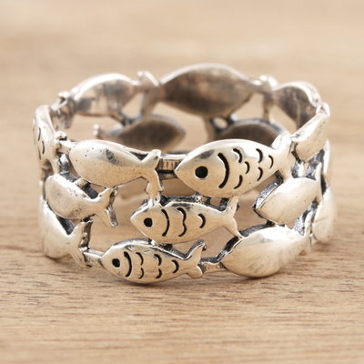 Sterling silver band ring, 'Fish School' - Handmade Sterling Silver Fish-Motif Band Ring