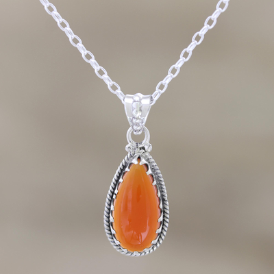 Carnelian pendant necklace, 'Energizing Orange' - Sterling Silver and Citrine Pendant Necklace