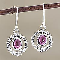 Garnet dangle earrings, 'Scarlet Coil' - Handmade Sterling Silver and Garnet Dangle Earrings