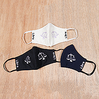 Embroidered cotton face masks, 'Adventurous Libra' (set of 3) - Embroidered Cotton Libra-Themed Face Masks (Set of 3)