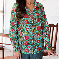 Camisa de algodón con estampado floral, 'Spring Awakening' - Camisa de algodón estampada con botones