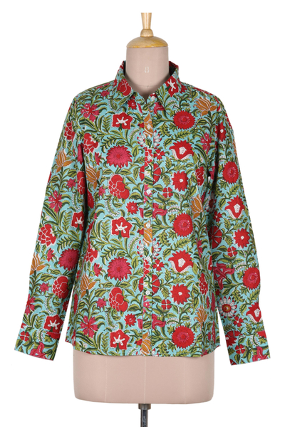 Floral printed cotton shirt, 'In Full Bloom' - Printed Button-Up Cotton Shirt
