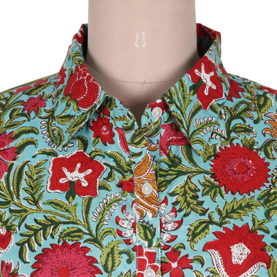 Floral printed cotton shirt, 'In Full Bloom' - Printed Button-Up Cotton Shirt