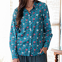Floral cotton blouse, 'Floral Saga' - Printed Long Sleeve Cotton Shirt
