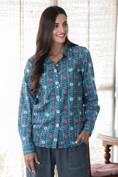 Floral cotton blouse, 'Trellis Bloom' - Printed Long Sleeve Cotton Shirt