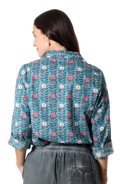 Blusa de algodón flores - Camisa de algodón de manga larga estampada