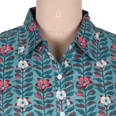 Floral cotton blouse, 'Trellis Bloom' - Printed Long Sleeve Cotton Shirt