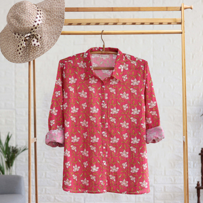 Screen-printed cotton shirt, 'Blissful Blooms' - Screen-Printed Cotton Floral Shirt