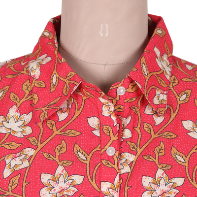 Screen-printed cotton shirt, 'Blissful Blooms' - Screen-Printed Cotton Floral Shirt