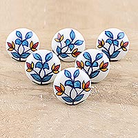 Hand-painted ceramic knobs, 'Cheerful Leaves' (set of 6)