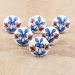 Hand-painted ceramic knobs, 'Cheerful Leaves' (set of 6) - Hand-Painted Leaf-Motif Ceramic Knobs (Set of 6)