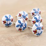Hand-painted ceramic knobs, 'Cheerful Leaves' (set of 6) - Hand-Painted Leaf-Motif Ceramic Knobs (Set of 6)
