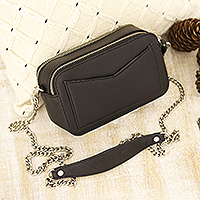 Leather sling bag, 'Memory Lane in Black' - Hand Made Black Leather Sling Bag