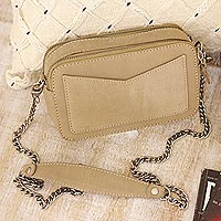 Leather sling bag, 'Memory Lane in Taupe' - Hand Crafted Taupe Leather Sling Bag