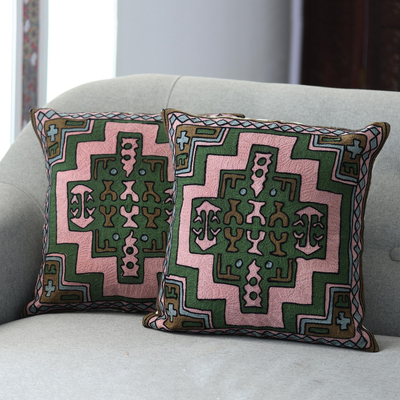Chain stitched cotton cushion covers, 'Spring Geometry' (pair) - Embroidered Geometric Motif Cotton Cushion Covers (Pair)