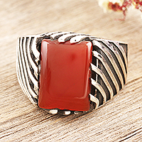 Men's onyx cocktail ring, 'Knight's Charm' - Men's Red Onyx and Sterling Silver Cocktail Ring
